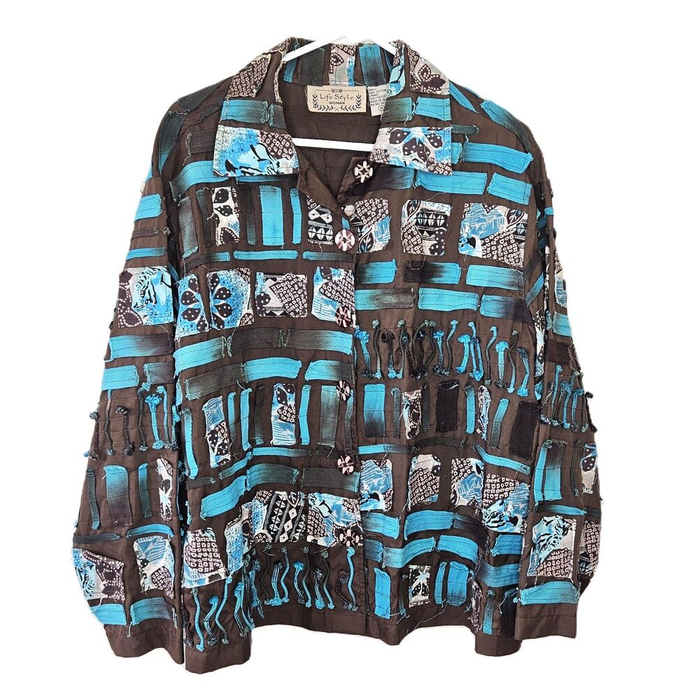 Unique Tapestry Boho Women's Button Up Blouse Brown & Blue 1X Lifestyle Woman